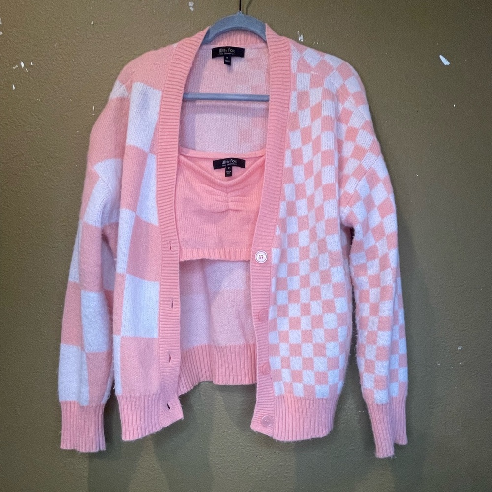 Pink and White Checkered Cardigan Set
